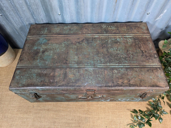 Vintage Rustic Indian Metal Bombay Railway Carriage Steamer Trunk  Display Prop