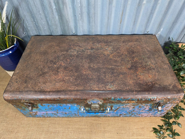 Vintage Rustic Indian Metal Bombay Railway Carriage Steamer Trunk  Display Prop