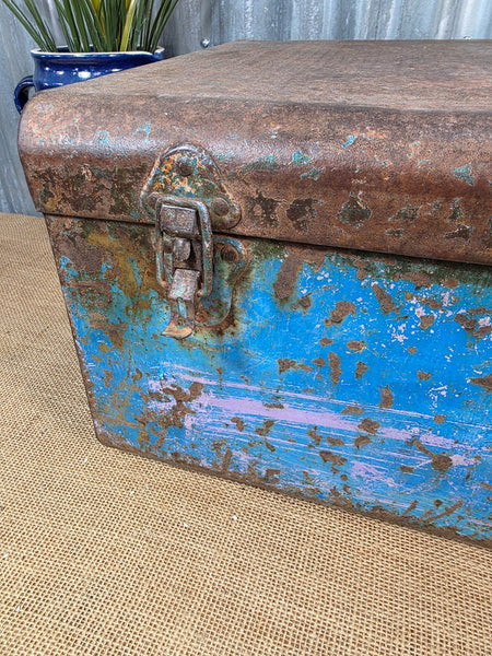Vintage Rustic Indian Metal Bombay Railway Carriage Steamer Trunk  Display Prop