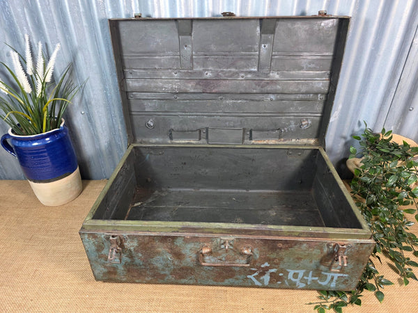 Vintage Rustic Indian Metal Bombay Railway Carriage Steamer Trunk  Display Prop