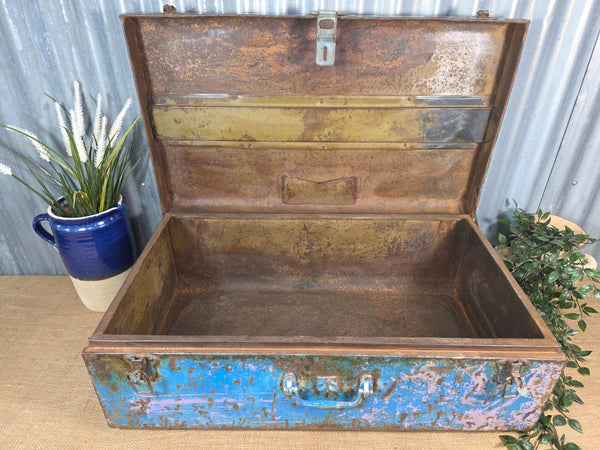 Vintage Rustic Indian Metal Bombay Railway Carriage Steamer Trunk  Display Prop