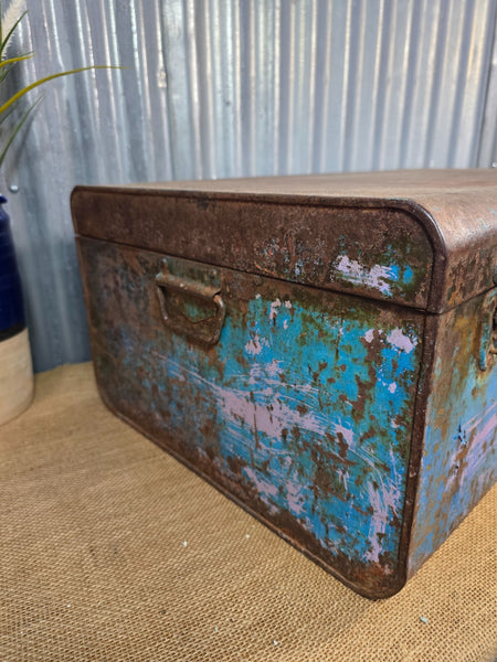 Vintage Rustic Indian Metal Bombay Railway Carriage Steamer Trunk  Display Prop