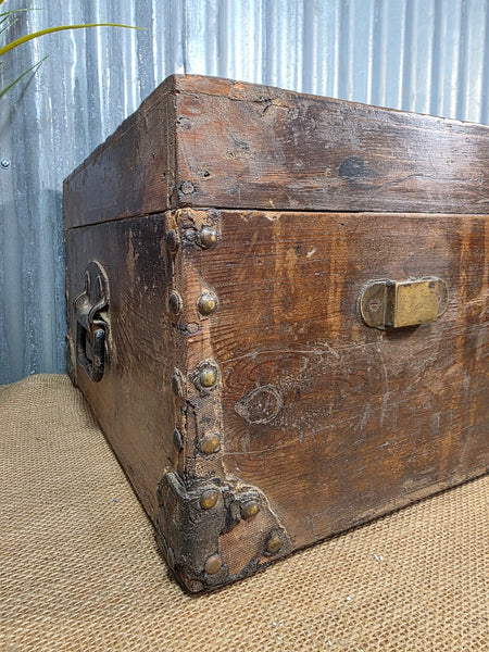 Vintage Rustic Indian Wooden Bombay Railway Carriage Steamer Trunk  Display Prop