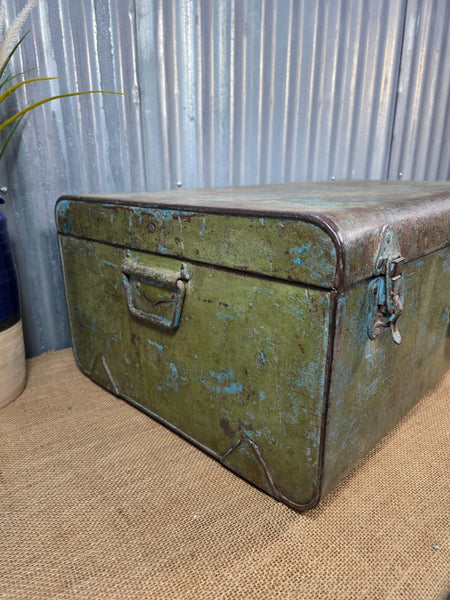 Vintage Rustic Indian Metal Bombay Railway Carriage Steamer Trunk  Display Prop