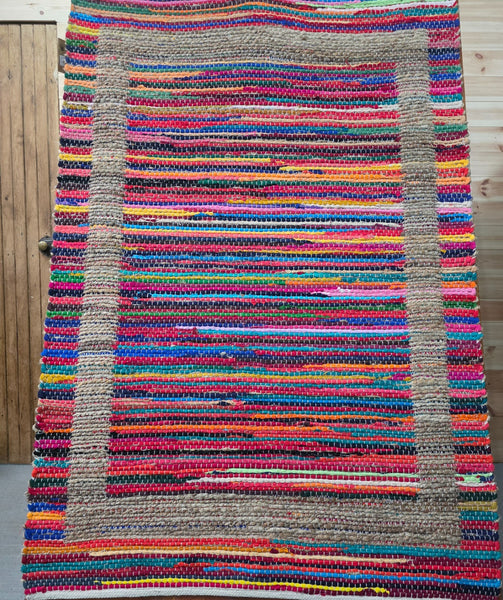 Large 4ft x 6ft Bohemian Boho Indian Hand Woven Chindi Jute Border Rag Rug
