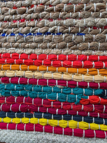 Large 4ft x 6ft Bohemian Boho Indian Hand Woven Chindi Jute Border Rag Rug