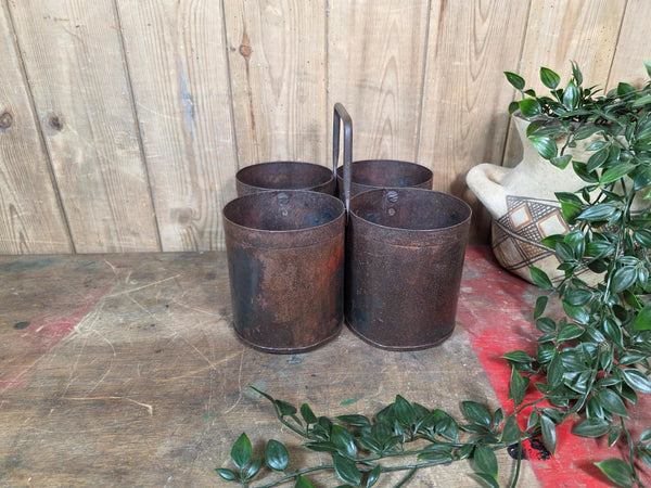 Vintage Rustic Quadruple Riveted Iron Metal Pot Utensil Planter Pen Desk Storage