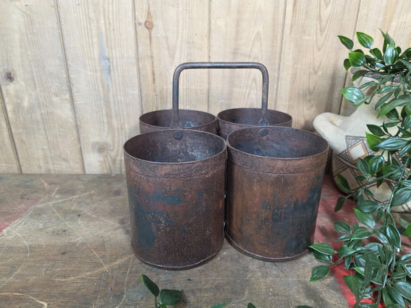 Vintage Rustic Quadruple Riveted Iron Metal Pot Utensil Planter Pen Desk Storage