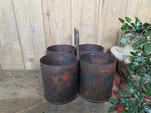 Vintage Rustic Quadruple Riveted Iron Metal Pot Utensil Planter Pen Desk Storage