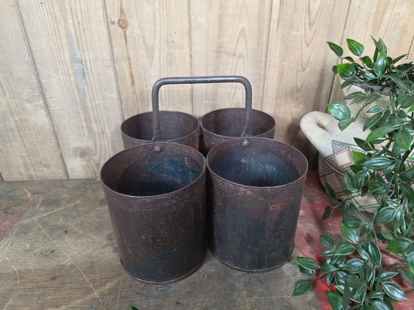 Vintage Rustic Quadruple Riveted Iron Metal Pot Utensil Planter Pen Desk Storage