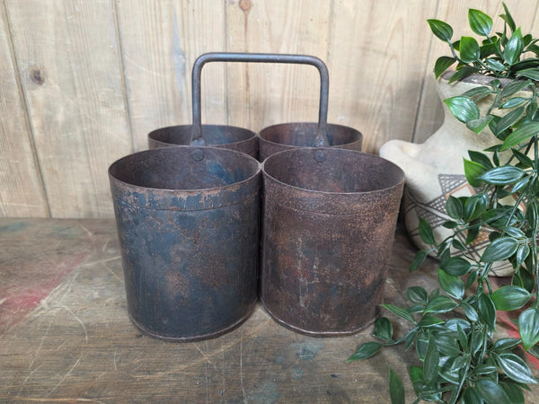 Vintage Rustic Quadruple Riveted Iron Metal Pot Utensil Planter Pen Desk Storage