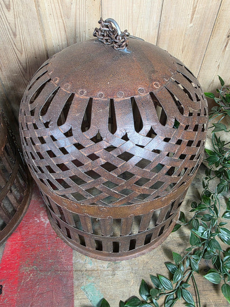 Rustic Reclaimed Industrial Riveted Metal Lattice Bird Cage Pendant Light Shade