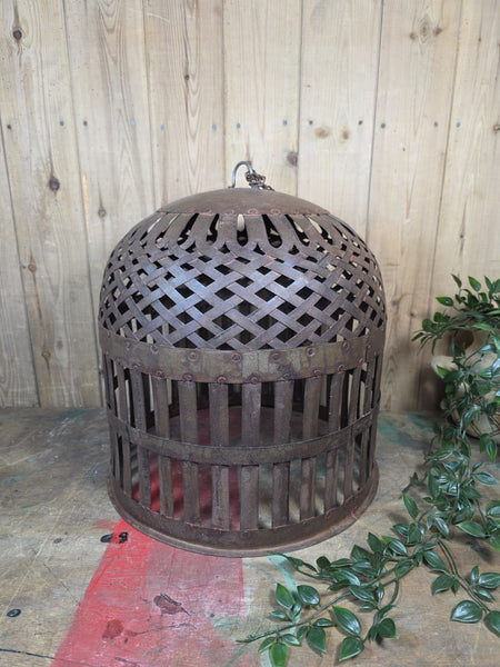 Rustic Reclaimed Industrial Riveted Metal Lattice Bird Cage Pendant Light Shade