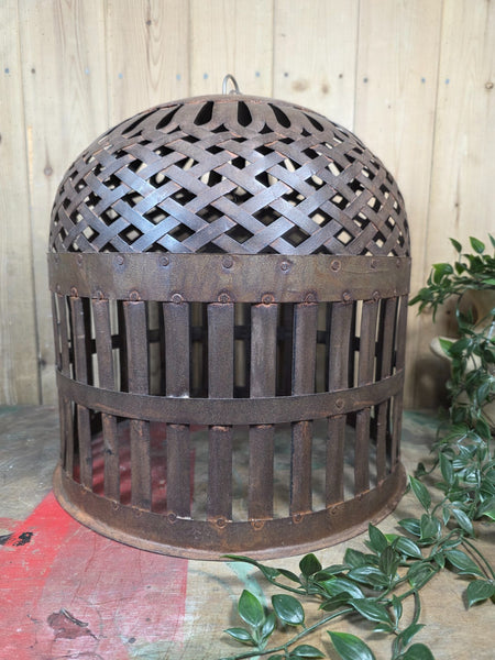 Rustic Reclaimed Industrial Riveted Metal Lattice Bird Cage Pendant Light Shade