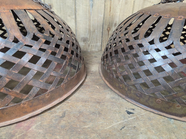 Rustic Reclaimed Industrial Riveted Metal Lattice Bird Cage Pendant Light Shade