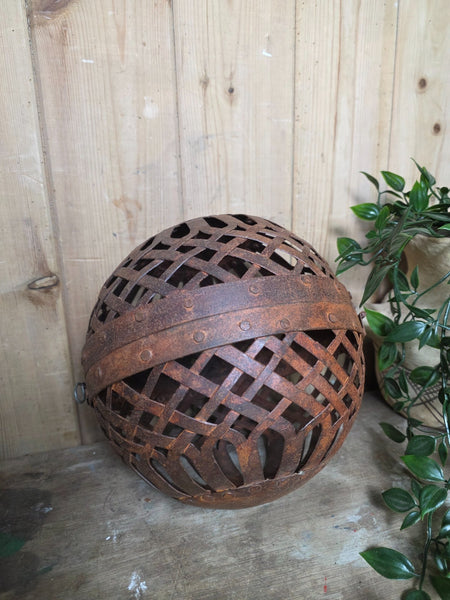 Rustic Reclaimed Handmade Metal Lattice Hanging Ball Candle Lantern