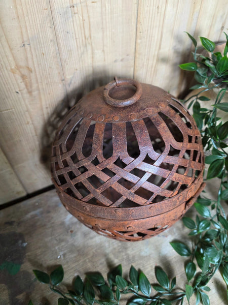 Rustic Reclaimed Handmade Metal Lattice Hanging Ball Candle Lantern