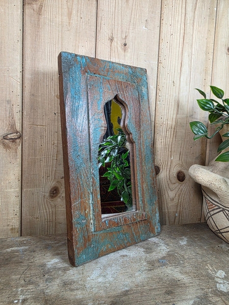 Vintage Rustic Indian Wooden Temple Wall Mirror Bathroom Hallway Kitchen
