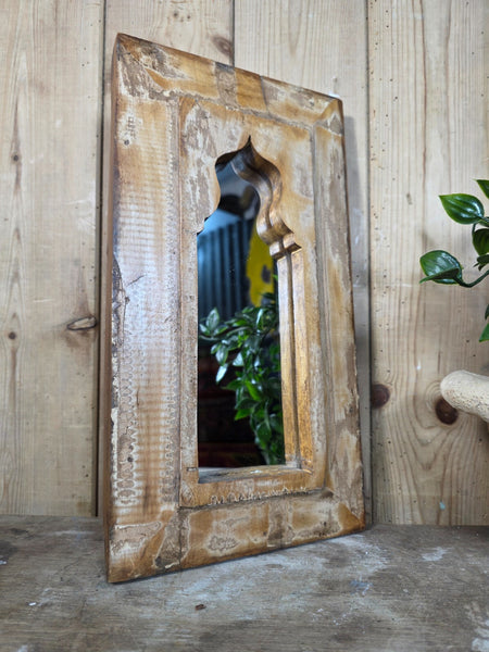 Vintage Rustic Indian Wooden Temple Wall Mirror Bathroom Hallway Kitchen