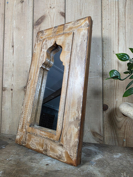 Vintage Rustic Indian Wooden Temple Wall Mirror Bathroom Hallway Kitchen
