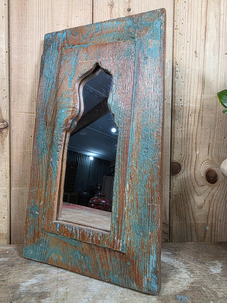 Vintage Rustic Indian Wooden Temple Wall Mirror Bathroom Hallway Kitchen