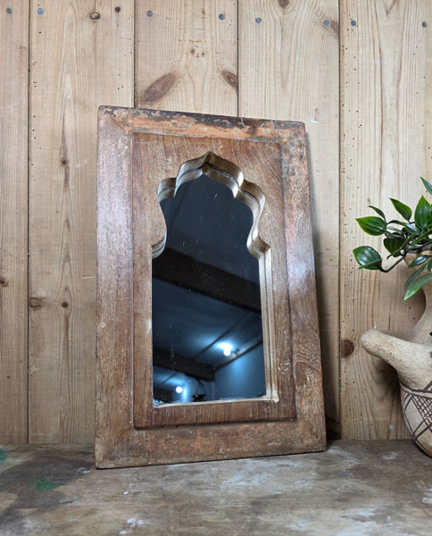 Vintage Rustic Indian Wooden Temple Wall Mirror Bathroom Hallway Kitchen