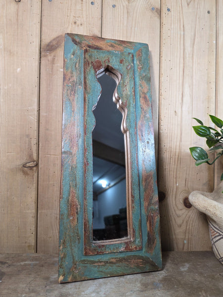 Vintage Rustic Indian Wooden Temple Wall Mirror Bathroom Hallway Kitchen