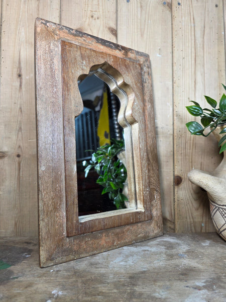 Vintage Rustic Indian Wooden Temple Wall Mirror Bathroom Hallway Kitchen