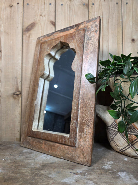 Vintage Rustic Indian Wooden Temple Wall Mirror Bathroom Hallway Kitchen