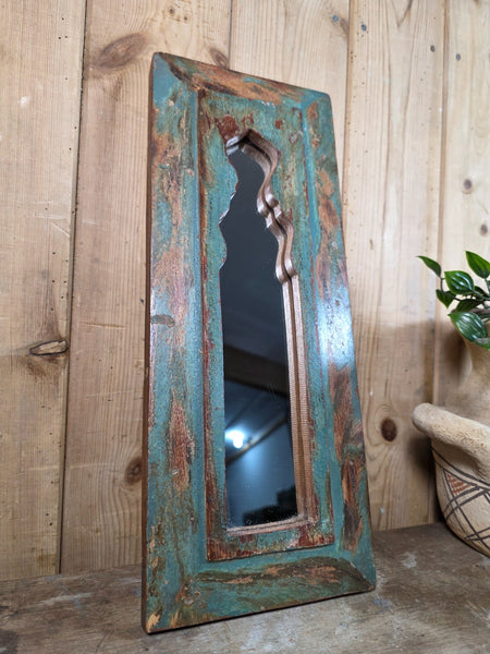 Vintage Rustic Indian Wooden Temple Wall Mirror Bathroom Hallway Kitchen