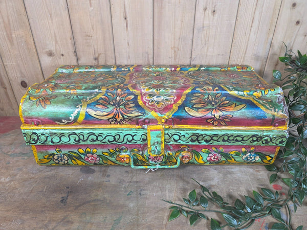 Vintage Indian Hand Painted Metal Tin Railway Travel Storage Chest Trunk