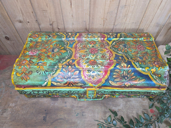 Vintage Indian Hand Painted Metal Tin Railway Travel Storage Chest Trunk