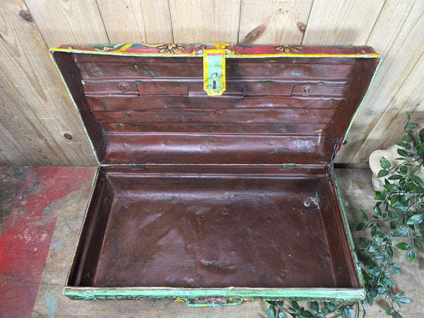 Vintage Indian Hand Painted Metal Tin Railway Travel Storage Chest Trunk