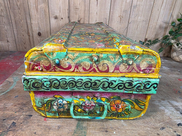 Vintage Indian Hand Painted Metal Tin Railway Travel Storage Chest Trunk