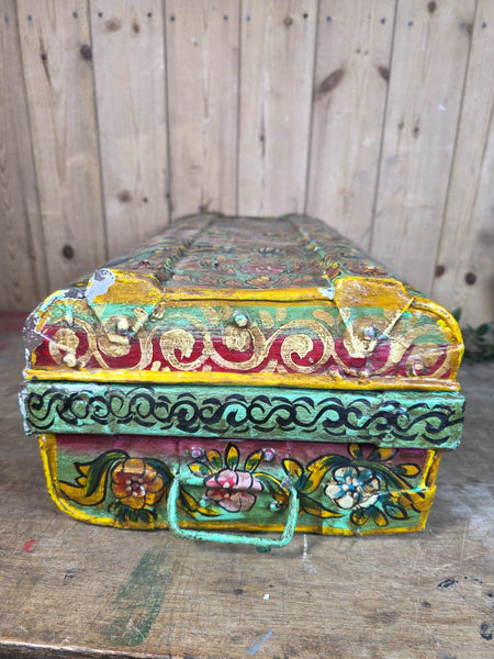 Vintage Indian Hand Painted Metal Tin Railway Travel Storage Chest Trunk
