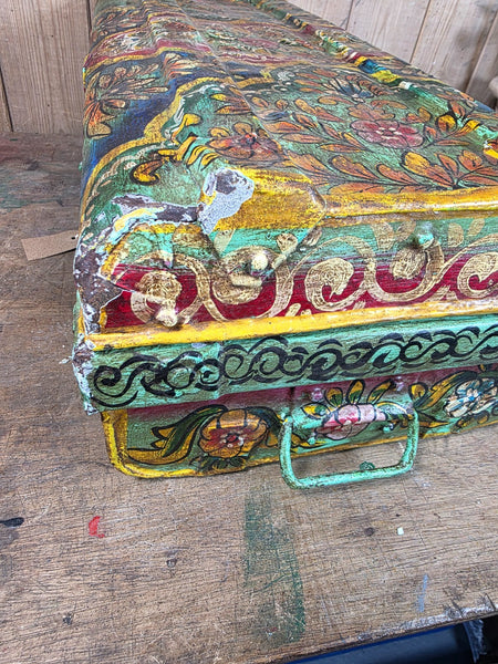 Vintage Indian Hand Painted Metal Tin Railway Travel Storage Chest Trunk