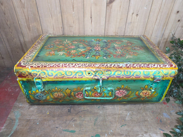 Vintage Indian Hand Painted Metal Tin Railway Travel Storage Chest Trunk