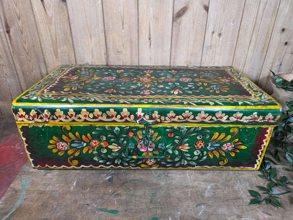 Vintage Indian Hand Painted Metal Tin Railway Travel Storage Chest Trunk