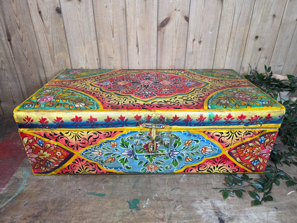 Vintage Indian Hand Painted Metal Tin Railway Travel Storage Chest Trunk