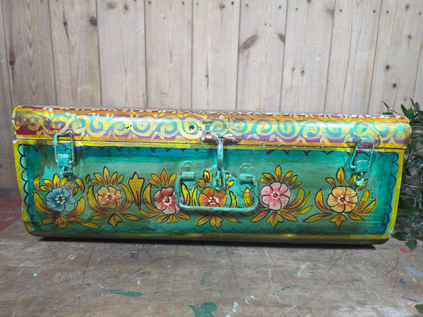 Vintage Indian Hand Painted Metal Tin Railway Travel Storage Chest Trunk