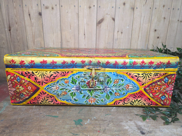 Vintage Indian Hand Painted Metal Tin Railway Travel Storage Chest Trunk