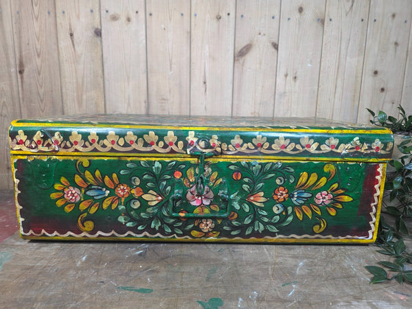 Vintage Indian Hand Painted Metal Tin Railway Travel Storage Chest Trunk