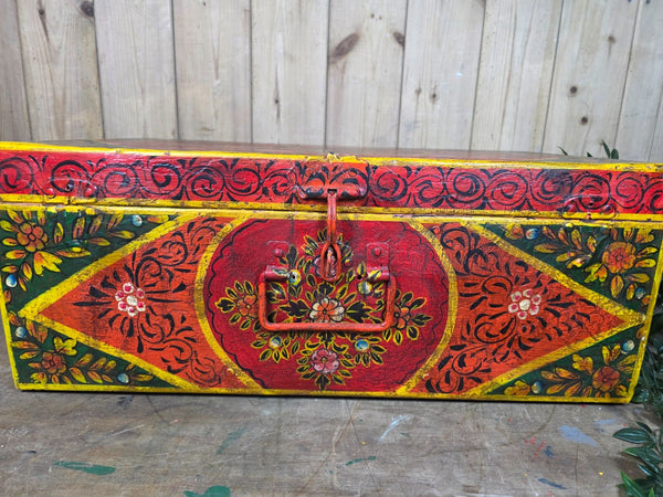 Vintage Indian Hand Painted Metal Tin Railway Travel Storage Chest Trunk
