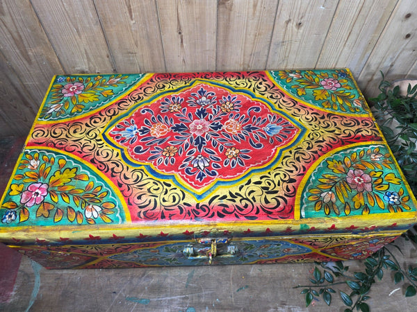 Vintage Indian Hand Painted Metal Tin Railway Travel Storage Chest Trunk