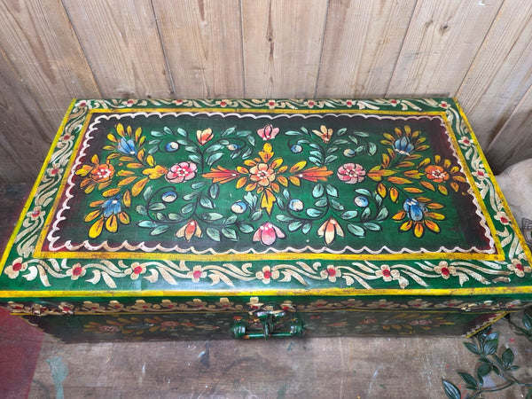 Vintage Indian Hand Painted Metal Tin Railway Travel Storage Chest Trunk