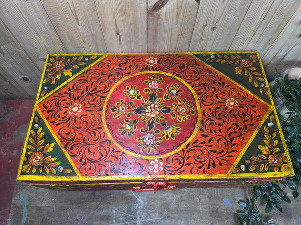 Vintage Indian Hand Painted Metal Tin Railway Travel Storage Chest Trunk