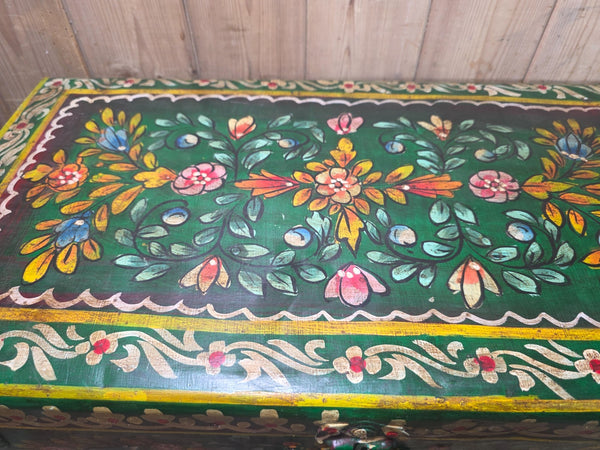 Vintage Indian Hand Painted Metal Tin Railway Travel Storage Chest Trunk