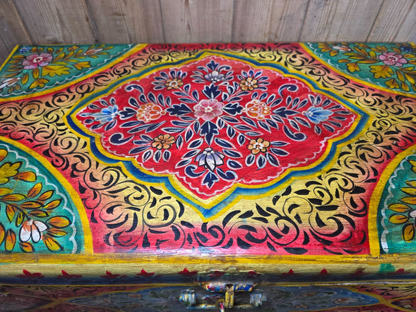 Vintage Indian Hand Painted Metal Tin Railway Travel Storage Chest Trunk