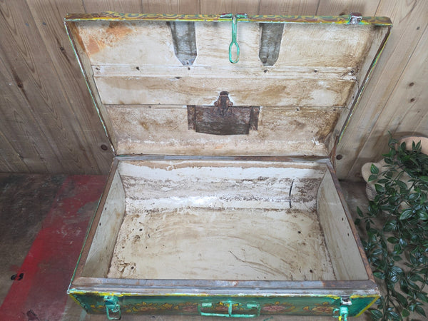 Vintage Indian Hand Painted Metal Tin Railway Travel Storage Chest Trunk