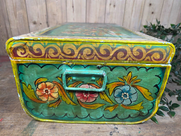 Vintage Indian Hand Painted Metal Tin Railway Travel Storage Chest Trunk